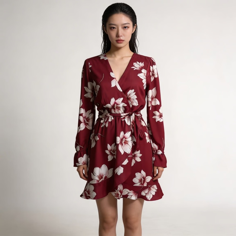 CUPCAKES & CASHMERE | Burgundy Floral Long Sleeve Wrap Dress Sz XS